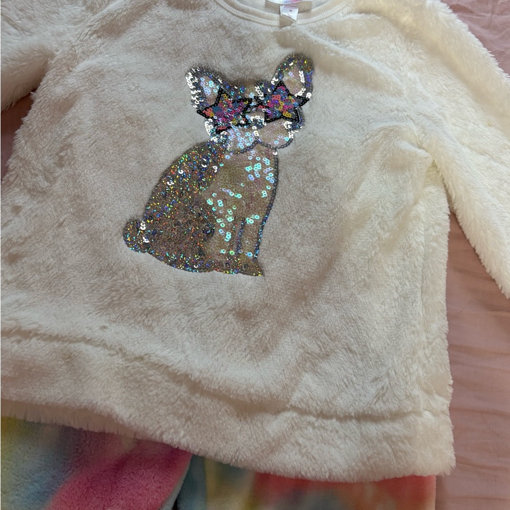 Adorable Cream Kids Pajama Set with Sequin Cat
